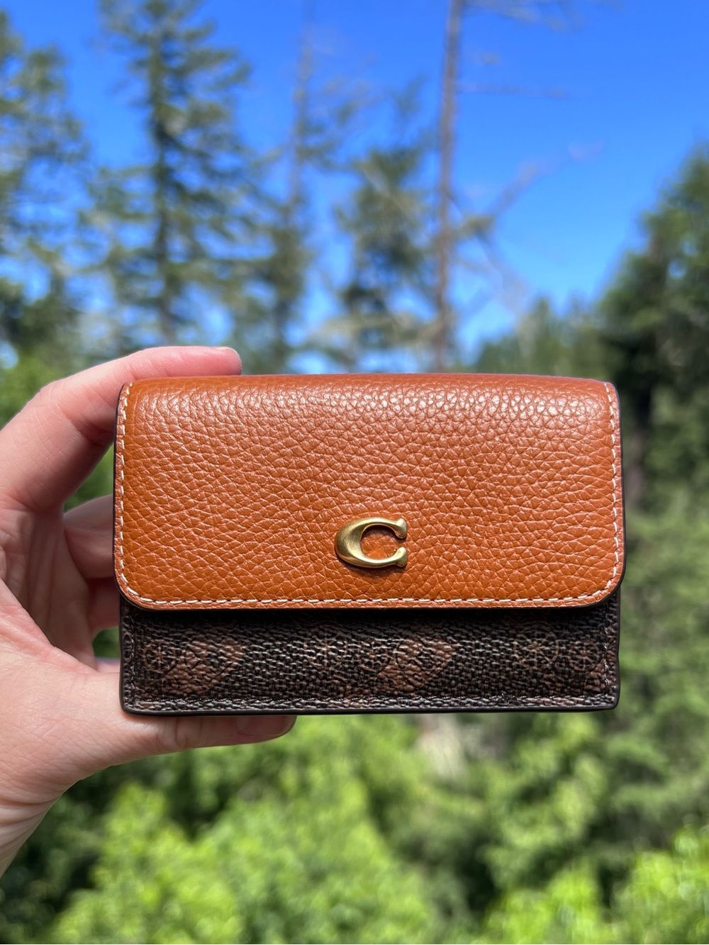 COACH Mini Trifold Wallet Brown Signature Canvas Logo AUTHENTIC